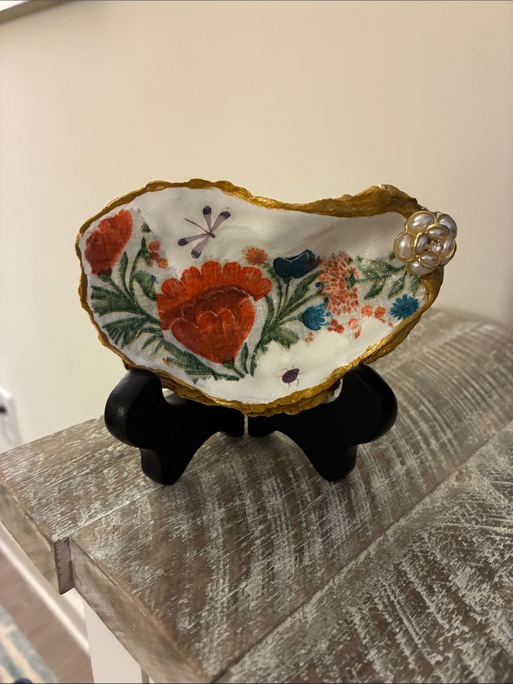 Decoupage Floral Shell Dish with hand painted trim Decorative Accent